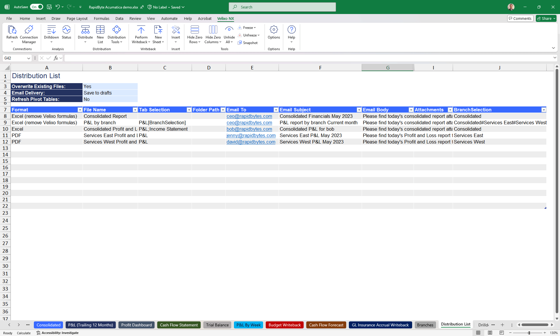 elixo automated report distribution dashboard in Excel generating personalized PDF and Excel outputs for Acumatica reporting workflows.