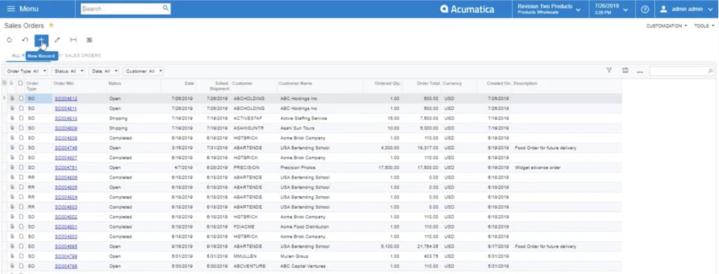 adding a new record in acumatica sales order module