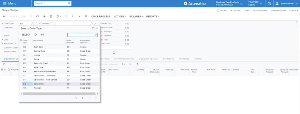 how to view sales order types in acumatica sales order module
