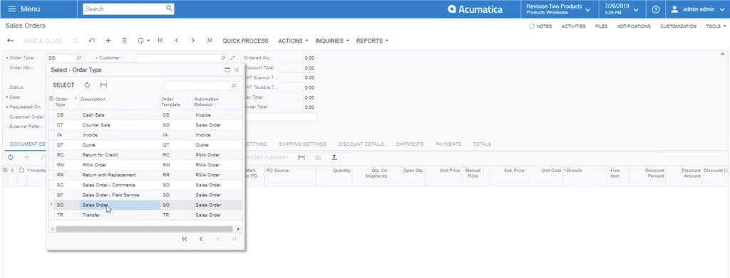 selecting sales order from list of order types