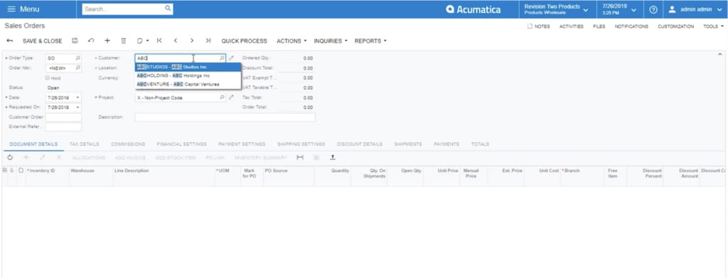 Searching for a customer within acumatica sales order module