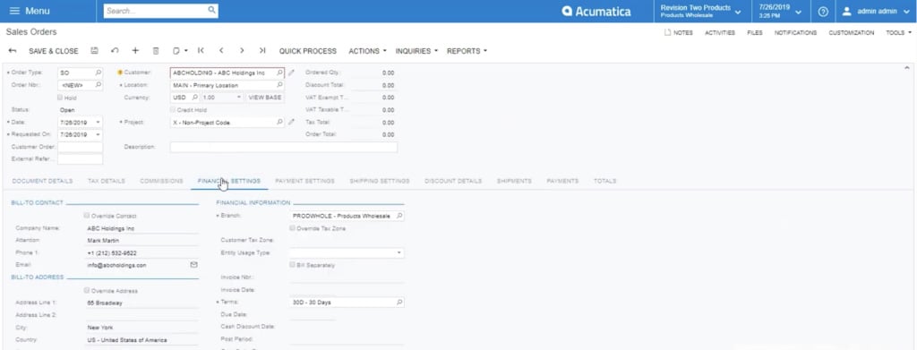 Selecting financial settings within acumatica sales order module