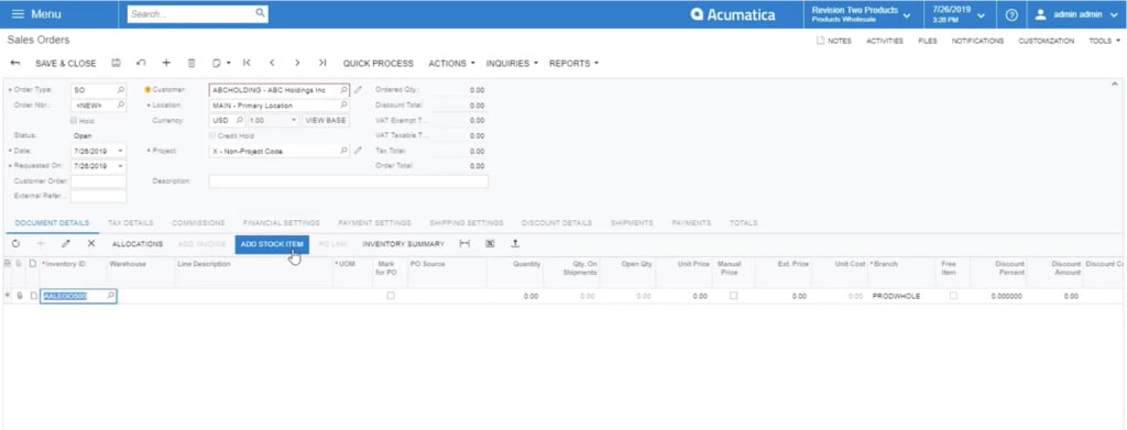 adding a stock item in acumatica sales order module