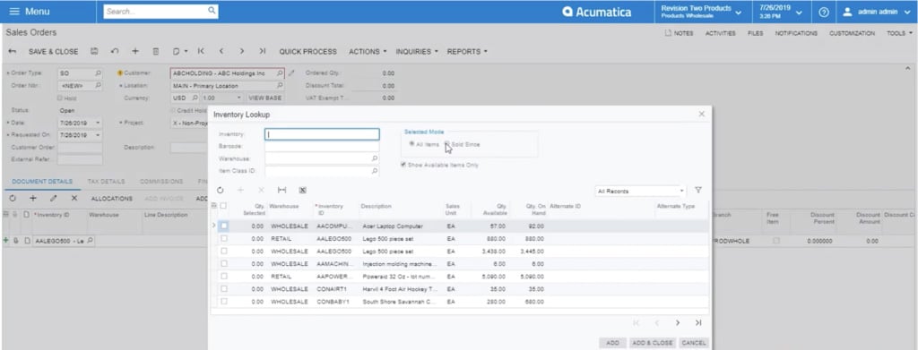 selecting “sold since” radio dot in acumatica
