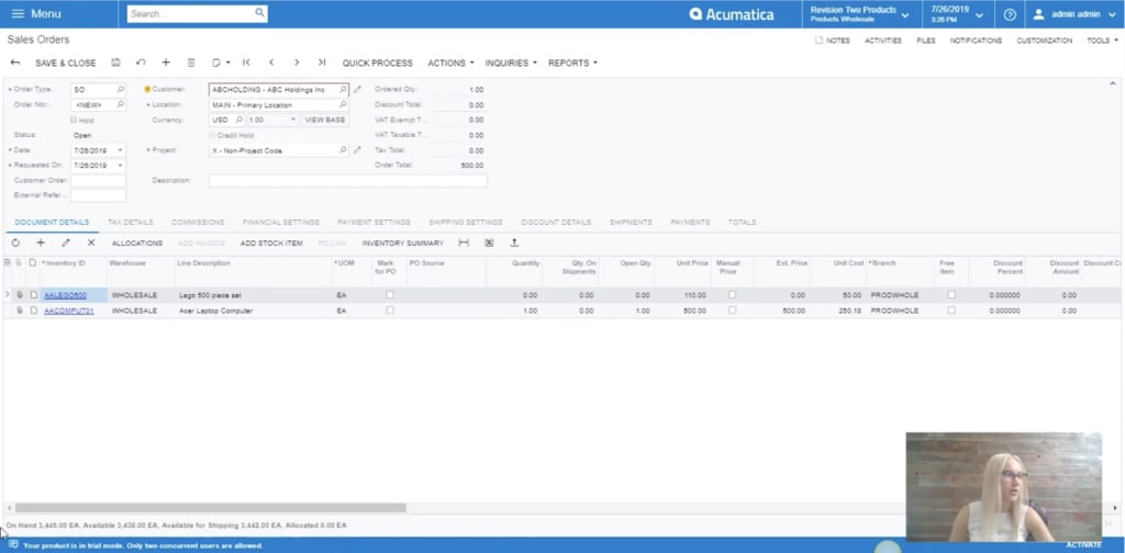 inventory info on bottom bar in acumatica sales order module