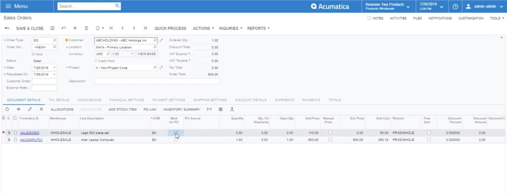 clicking “Mark for PO” check box