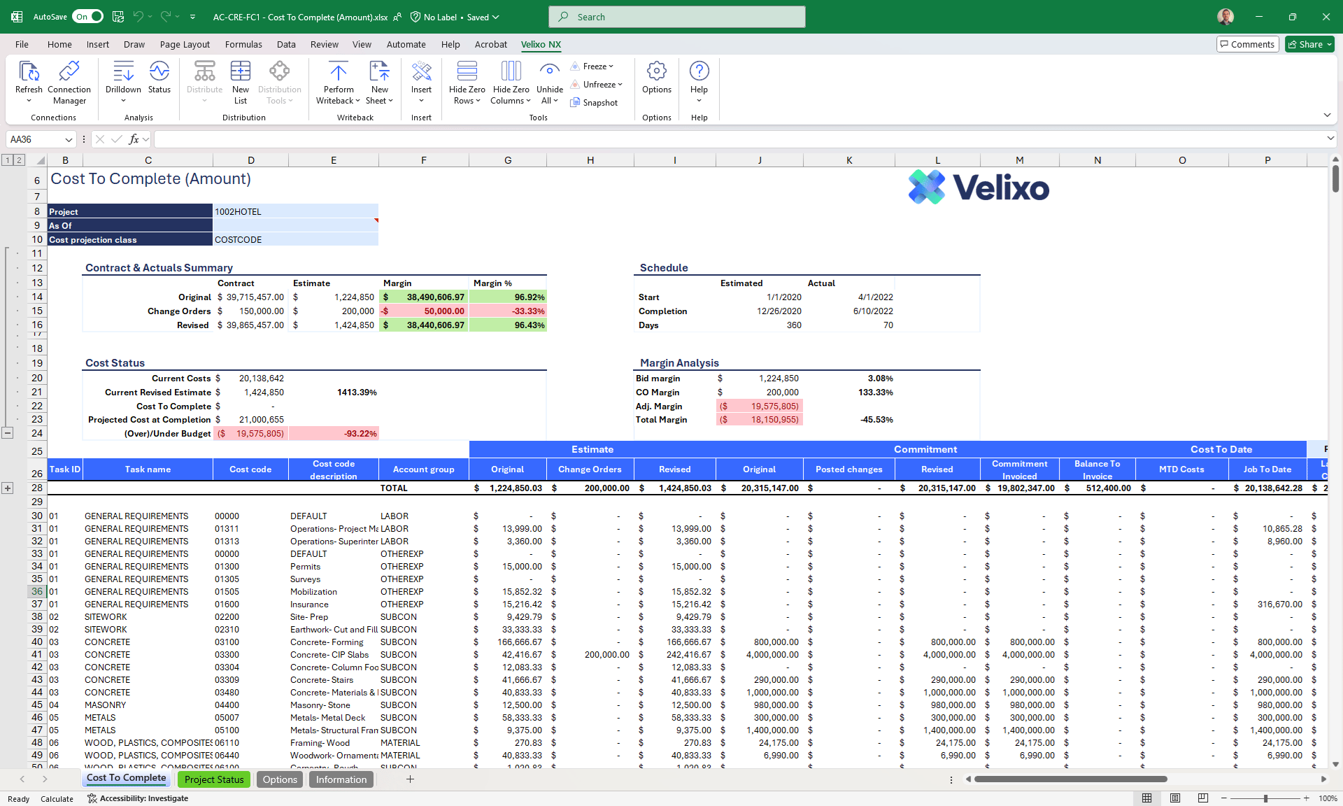 elixo writeback screen in Excel demonstrating automated data entry to Acumatica for GL updates, budget adjustments and project forecast changes.