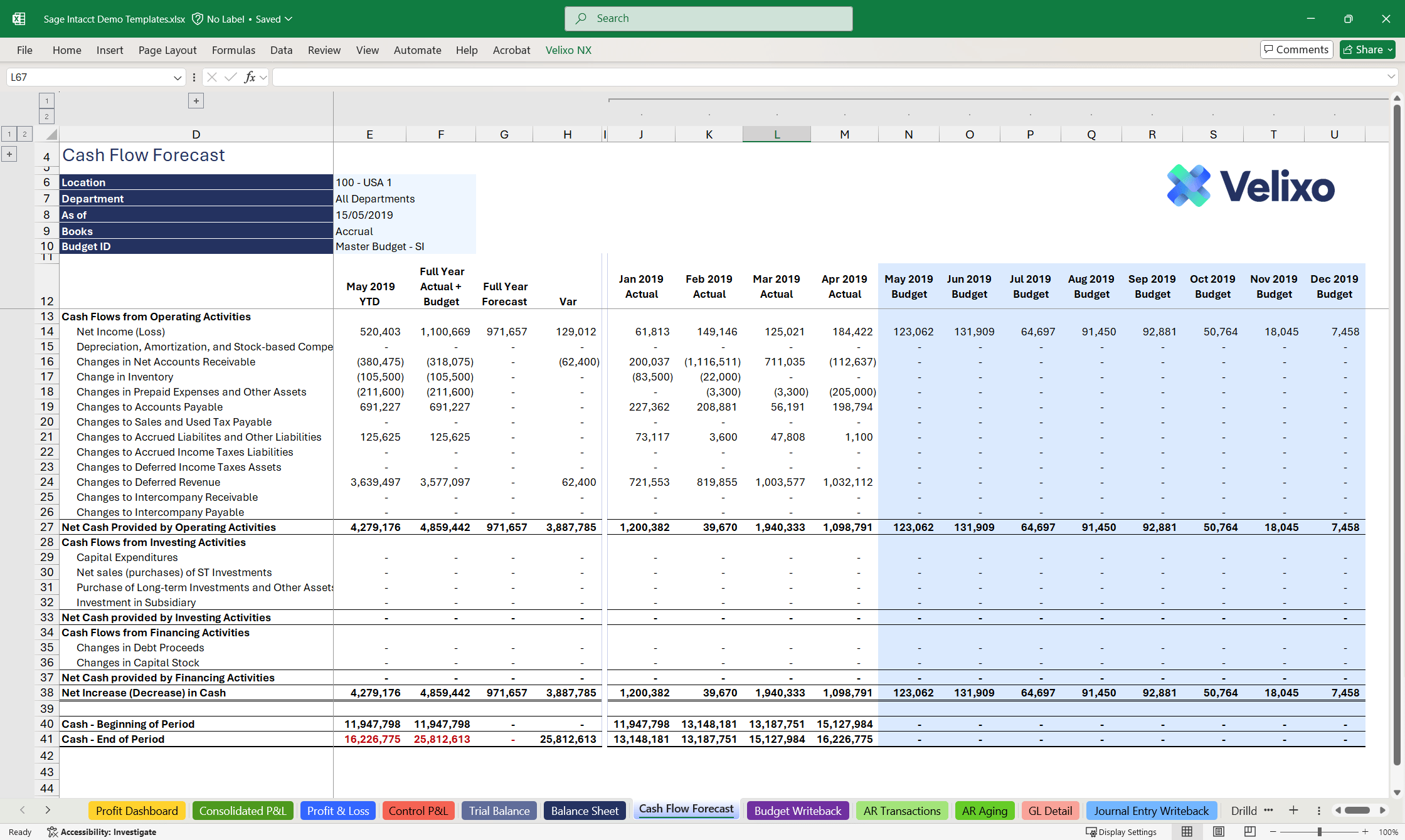 Velixo Excel dashboard showing real time Acumatica financial reporting with connected formulas, account balances and refreshable ERP data